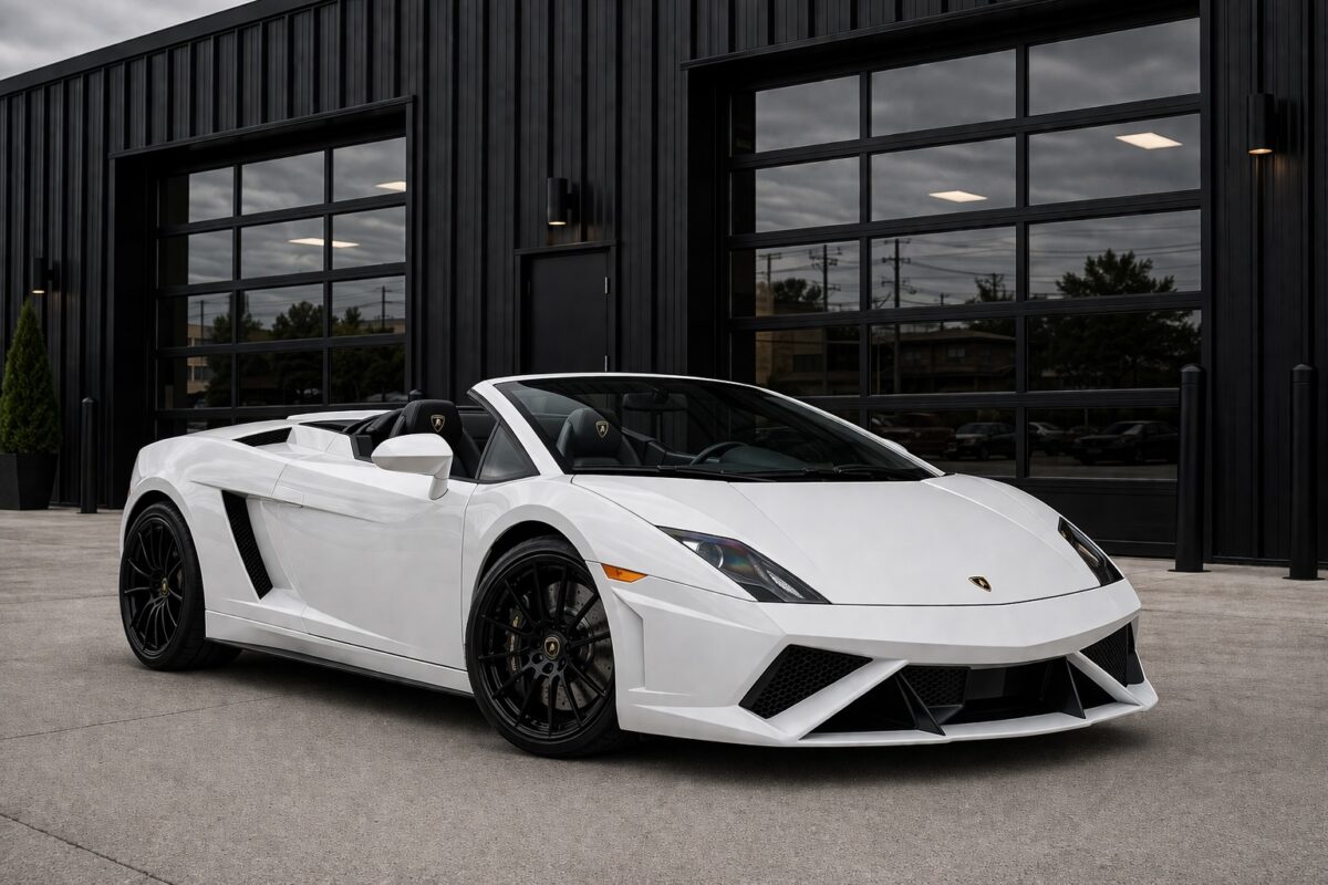 white Lamborghini Gallardo Spyder convertible exotic car for rent in Dallas
