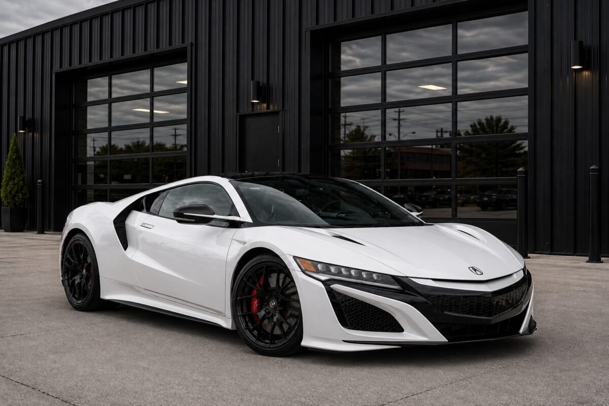 white Acura NSX luxury sports car for rent in Dallas