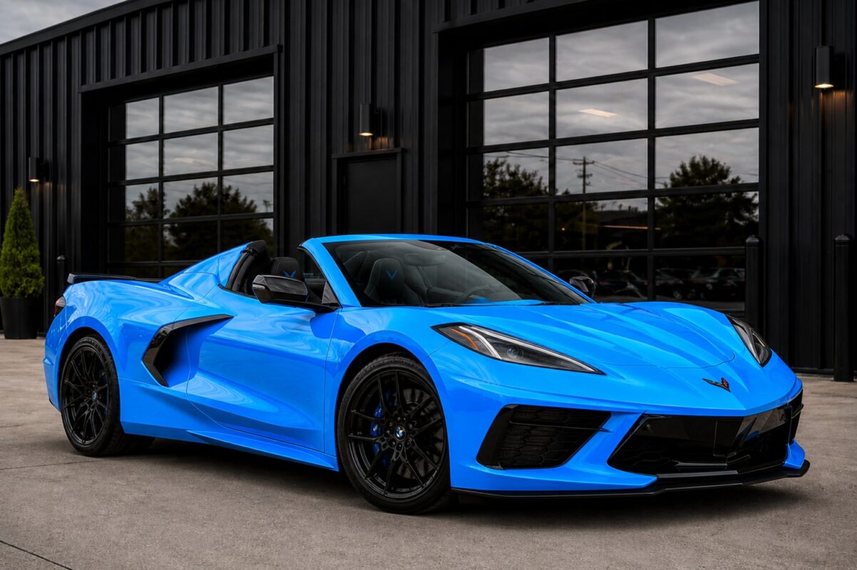 blue C8 Corvette convertible sports car for rent in Dallas