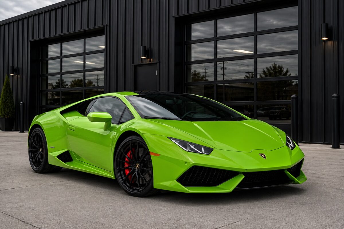 green Lamborghini Huracan exotic car for rent in Dallas